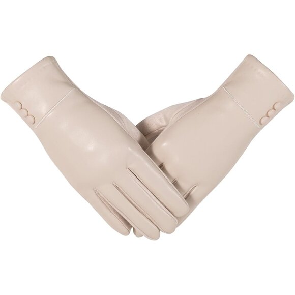 Women's White Winter Fashion Leather Windproof Warm Suede Driving Dress Gloves - Picture 1 of 7